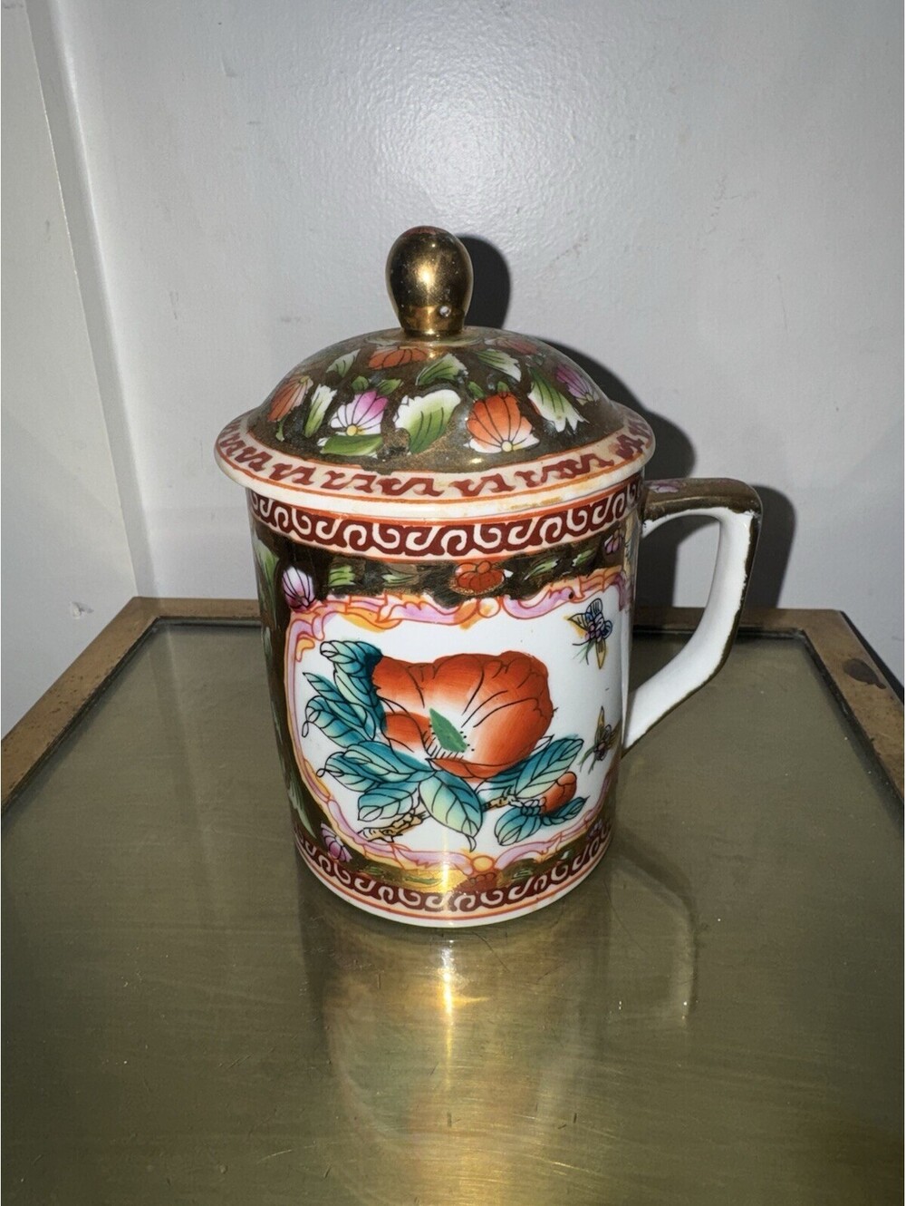 Vintage Chinese Floral Lidded Porcelain Mug with Gold Accents - Picture 2 of 9